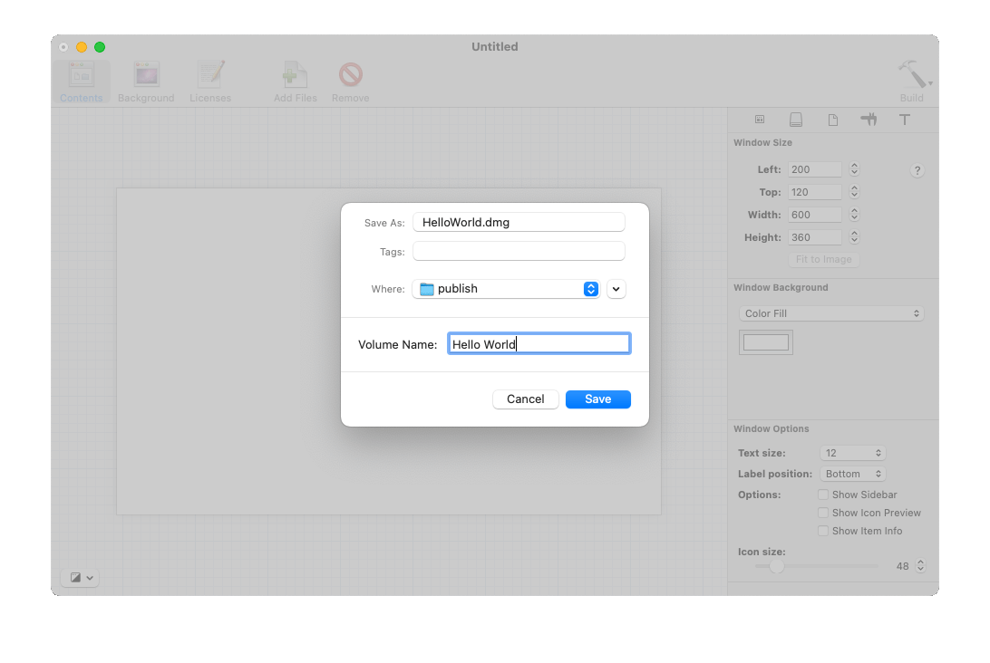 Screen capture of the DMG Canvas build dialog.