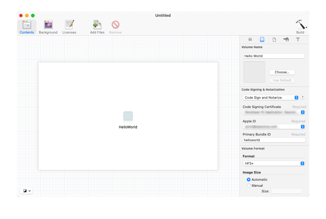 Screen capture of the DMG Canvas main screen with the notarization dialog shown on the right.