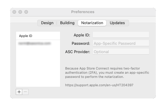 Screen capture of the DMG Canvas notarization preferences tab.