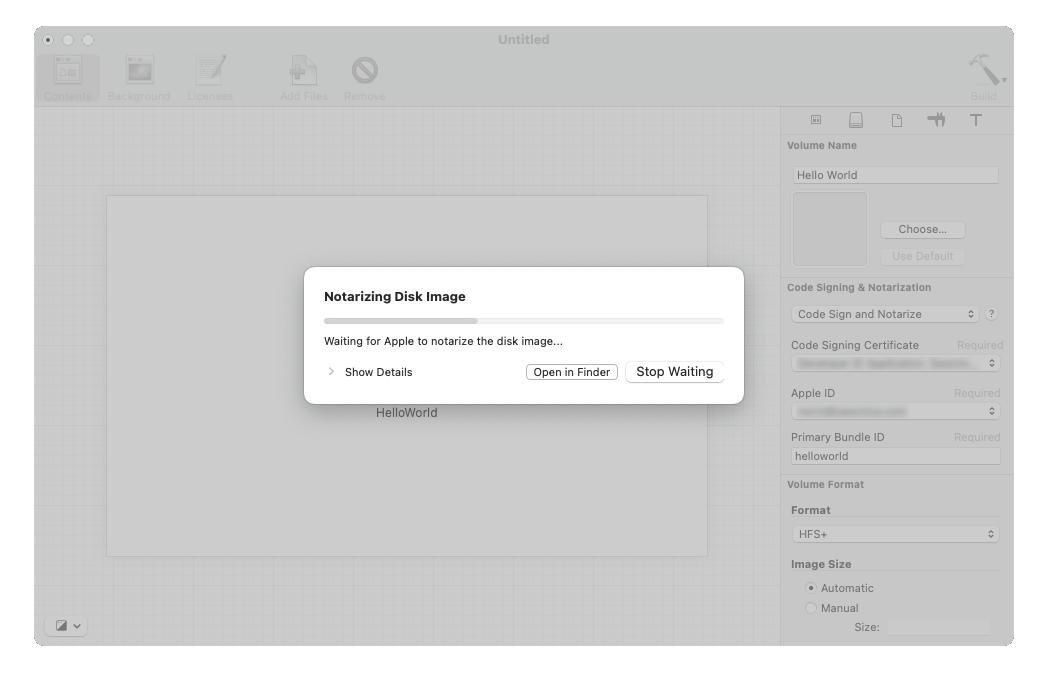 Screen capture of the DMG Canvas modal dialog while it's building and notarizing the DMG file.